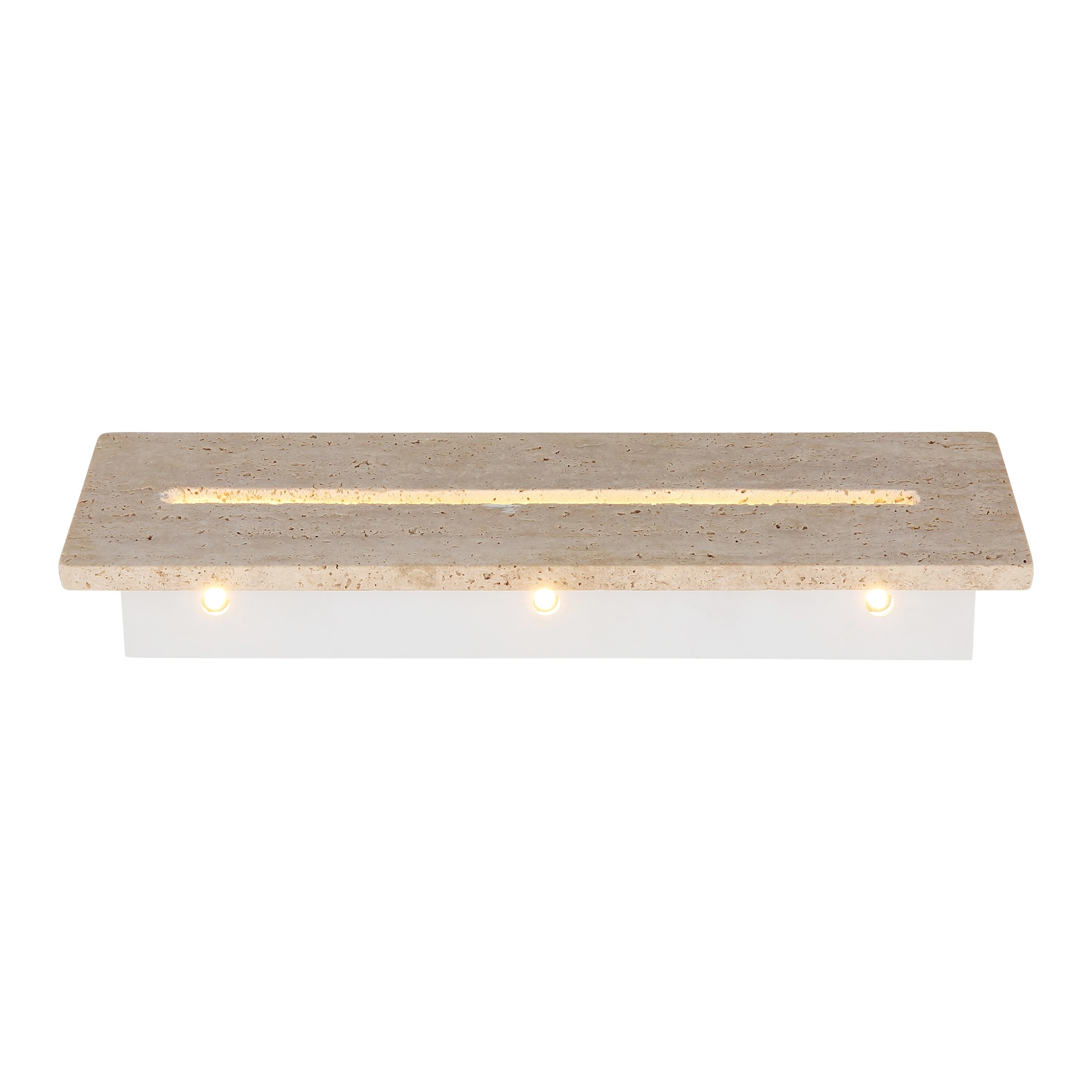 Applique murale pierre de travertin, barre horizontale 40 ou 60 cm applique murale pierre travertin 40 cm, vue de dessous avec les points lumineux
