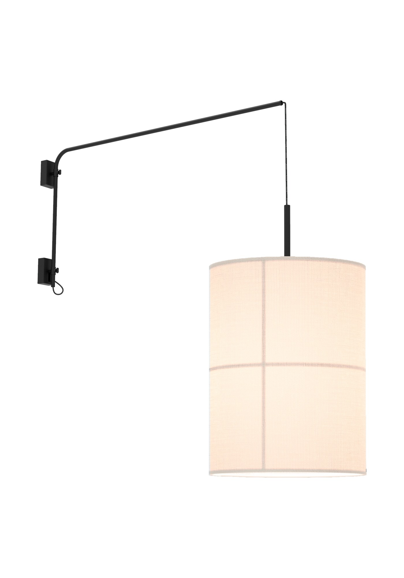 applique murale Rania Single Arm bras en fer noir et abat-jour crème allumé, fond blanc