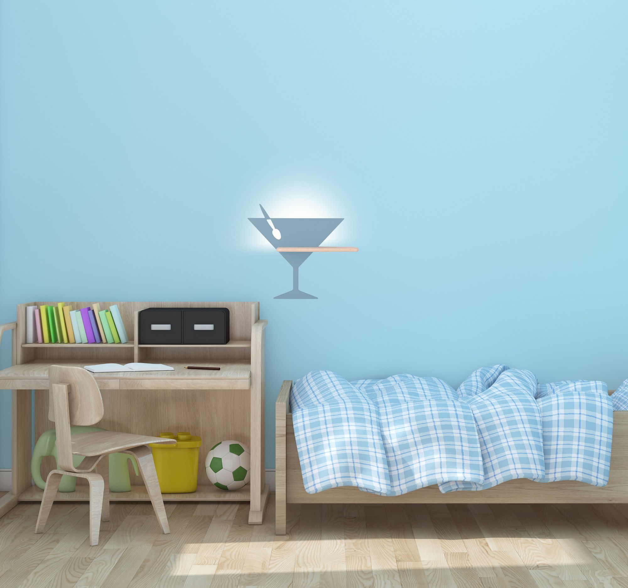 Applique murale verre à pied en bois pour chambre d'enfant, LED applique murale verre à pied bleu dans une chambre d enfant
