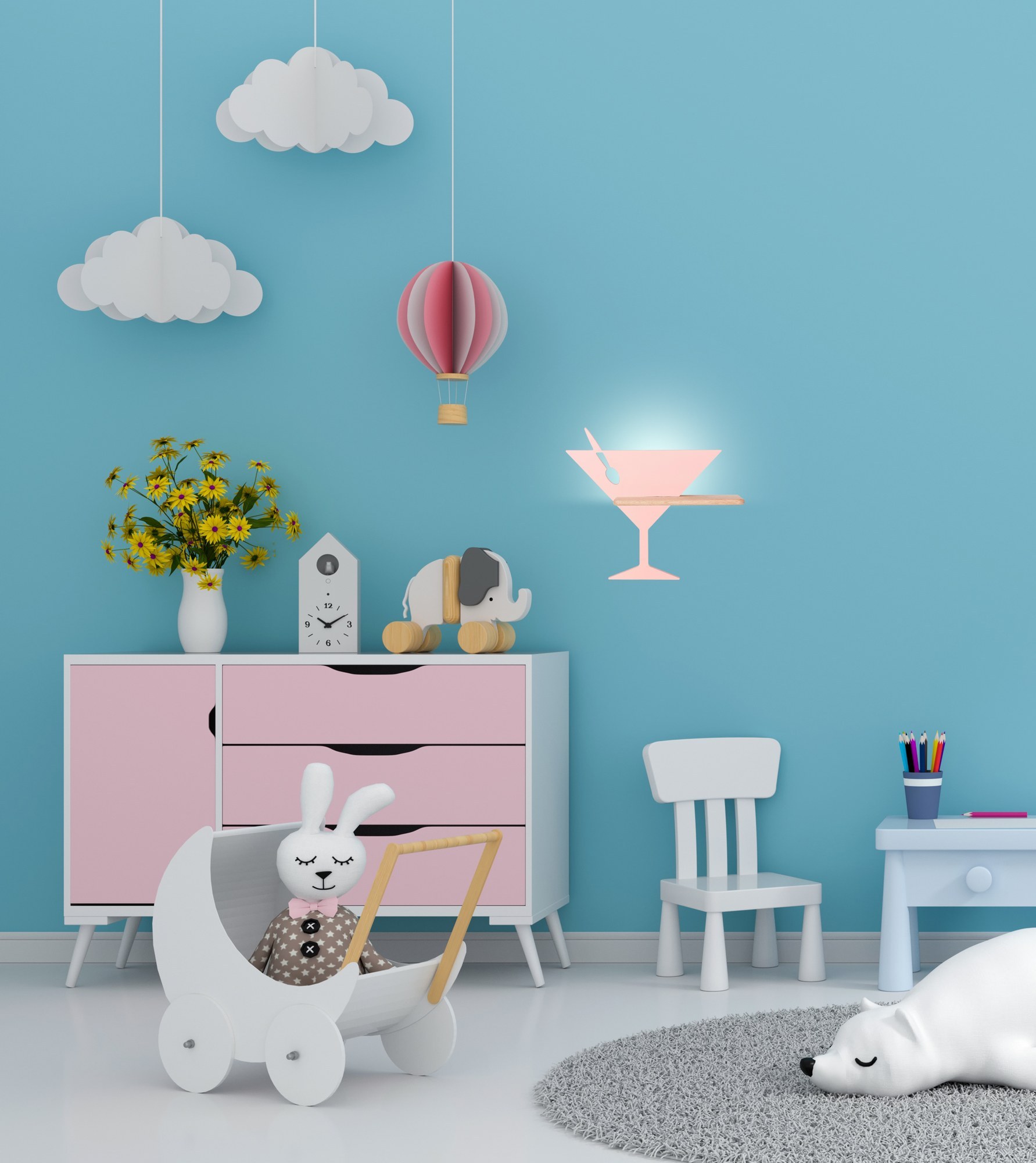Applique murale verre à pied en bois pour chambre d'enfant, LED applique murale verre à pied rose dans une chambre d enfant bleue