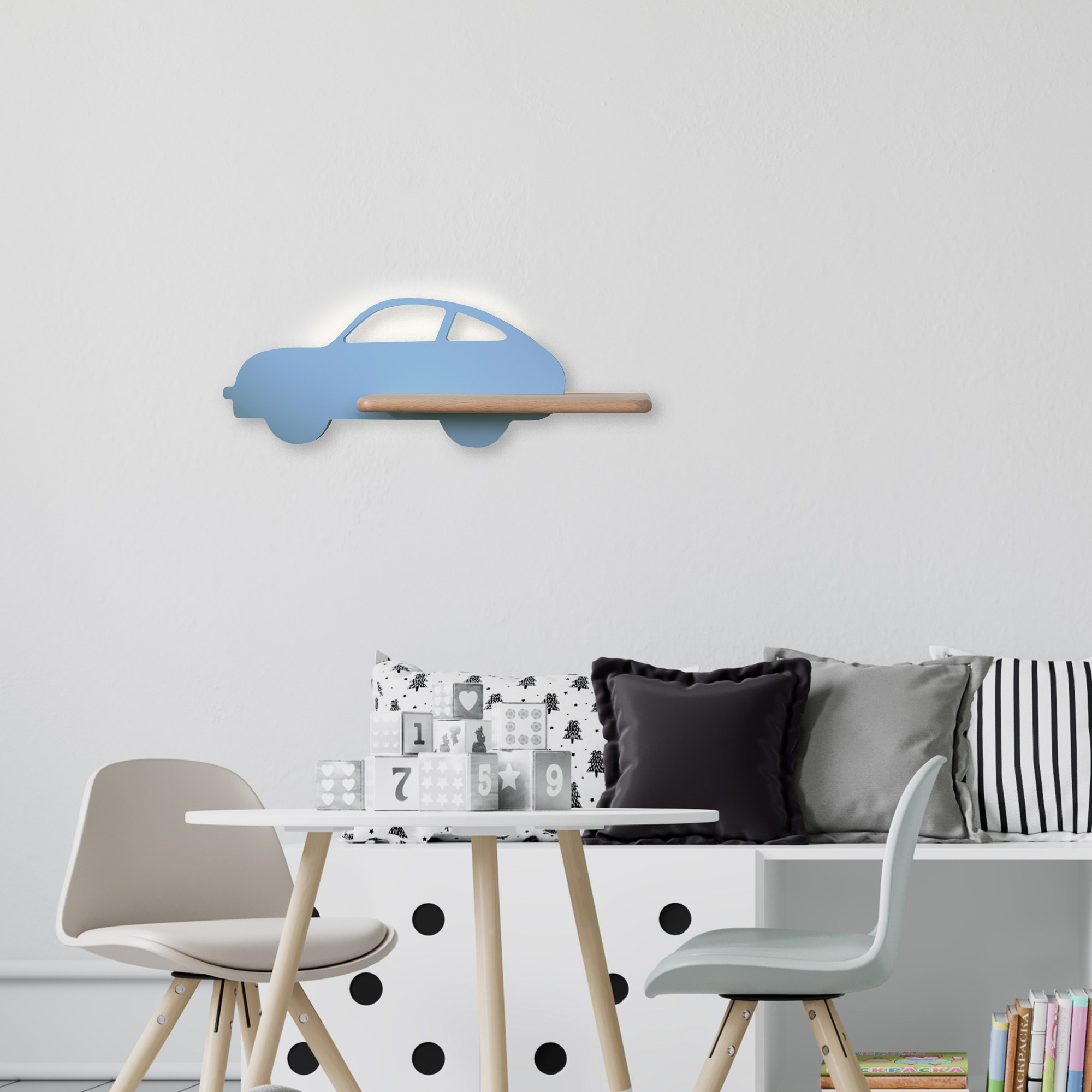 Applique murale voiture enfant en bois avec tablette, LED applique murale voiture enfant voiture bleue au-dessus d un coin jeux