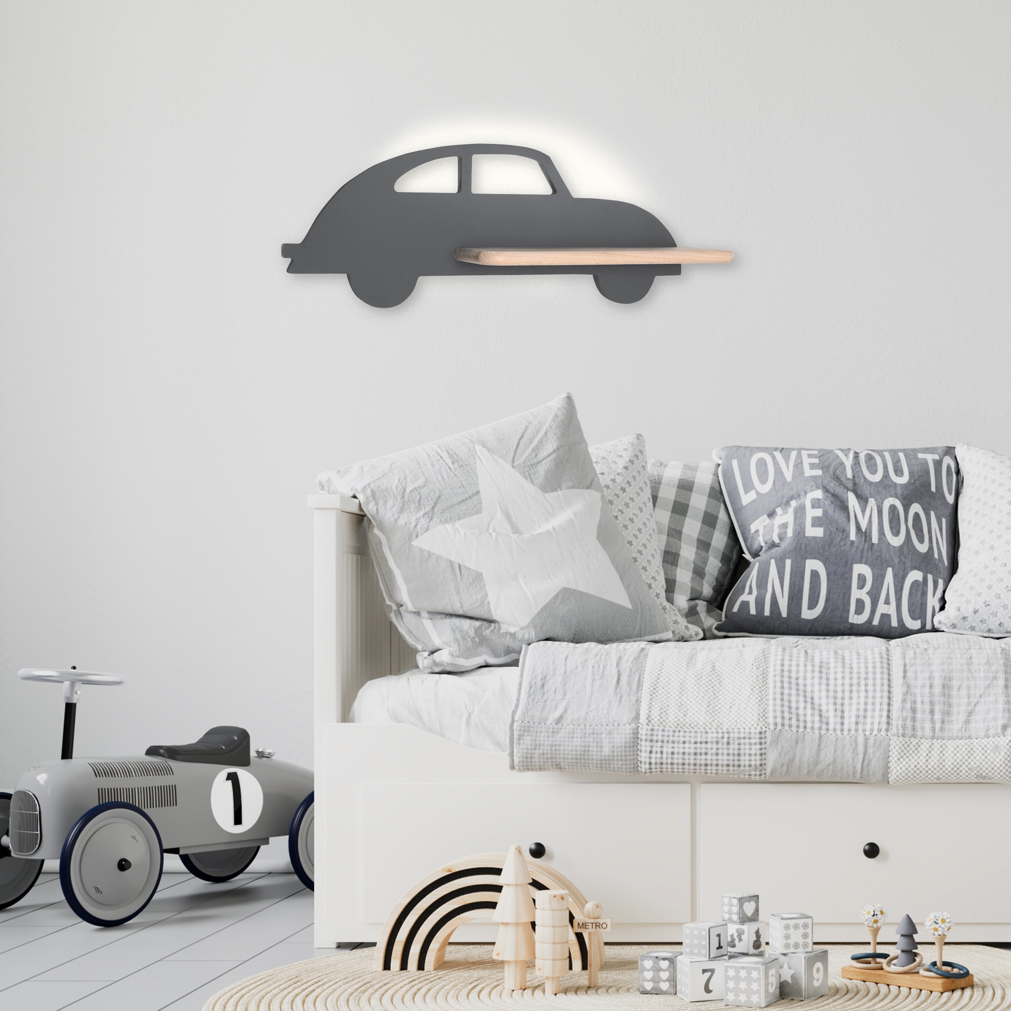 Applique murale voiture enfant en bois avec tablette, LED applique murale voiture enfant voiture grise au-dessus d un lit