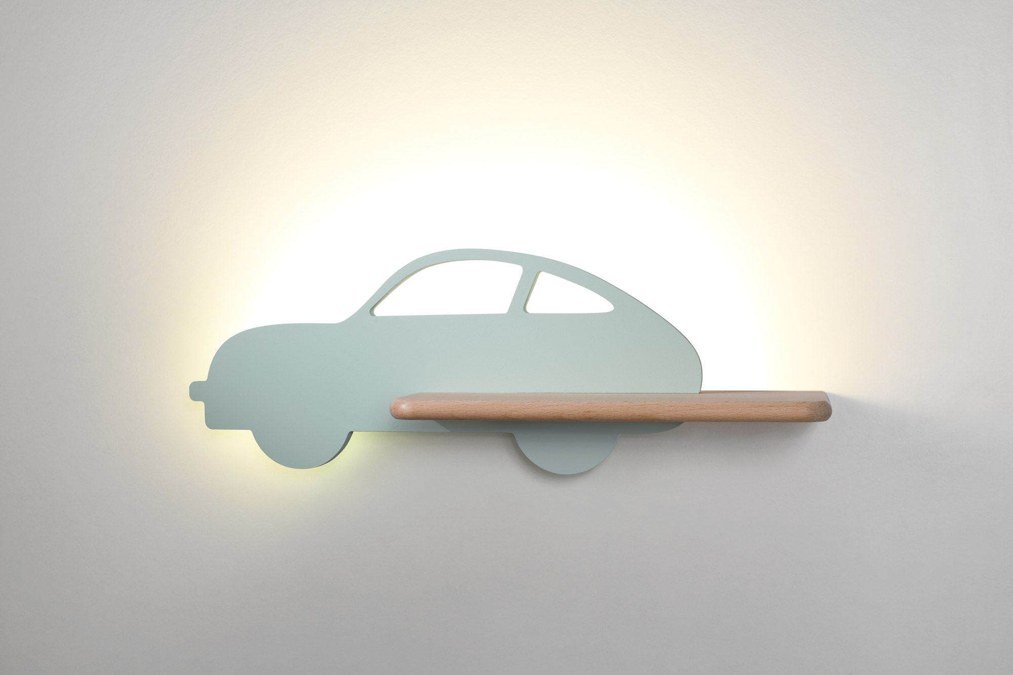 Applique murale voiture enfant en bois avec tablette, LED applique murale voiture enfant voiture menthe allumée avec halo lumineux