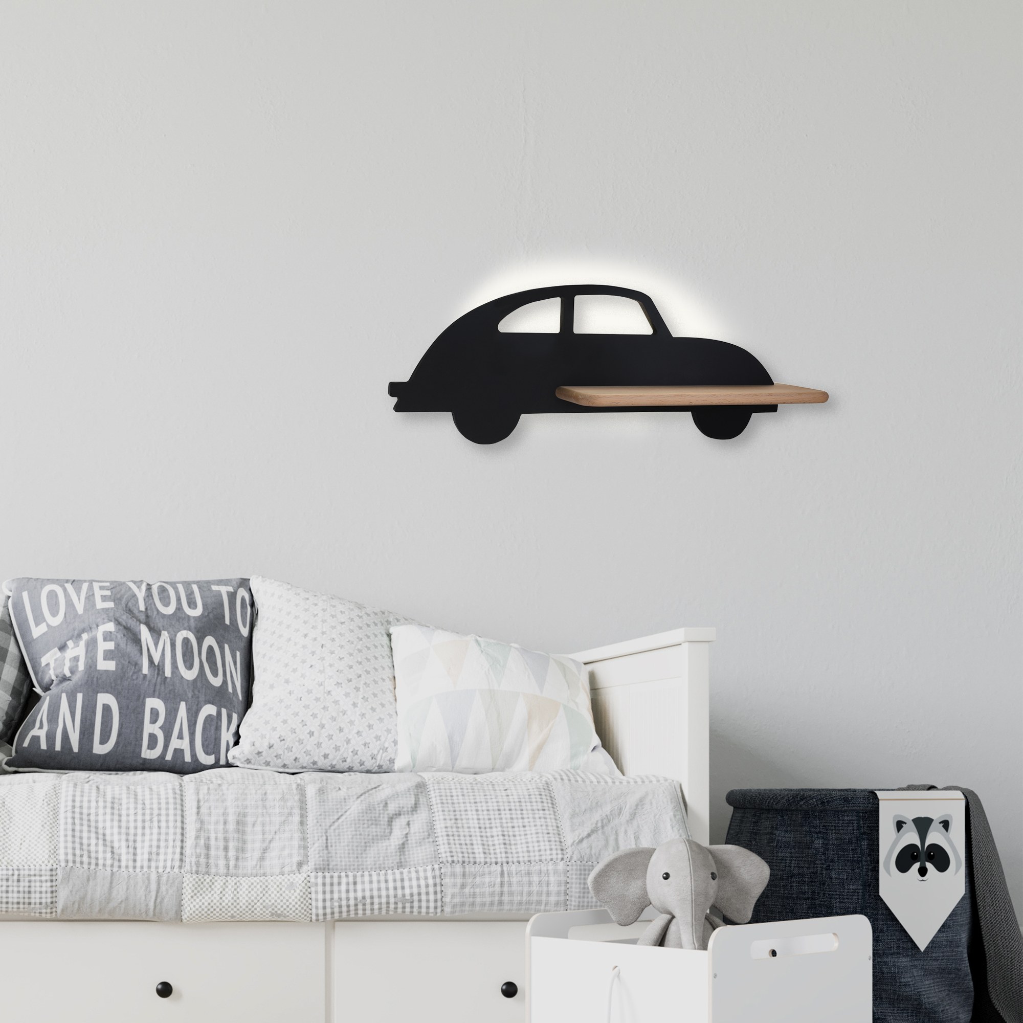 Applique murale voiture enfant en bois avec tablette, LED applique murale voiture enfant voiture noire allumée au-dessus d un lit