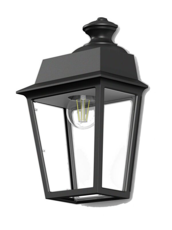 applique Place des Vosges Évolution compacte noire avec diffuseur PMMA clair, rendu sur fond blanc