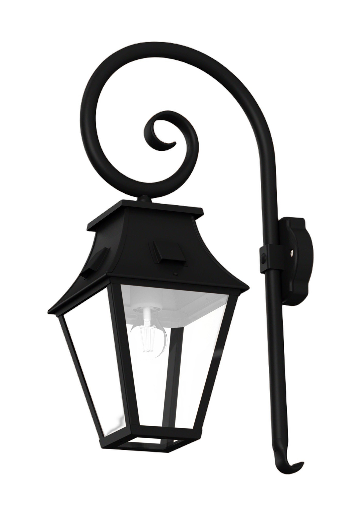 Applique lanterne Vieille France en aluminium par Roger Pradier applique Vieille France version crosse en aluminium noir foncé, rendu sur fond blanc