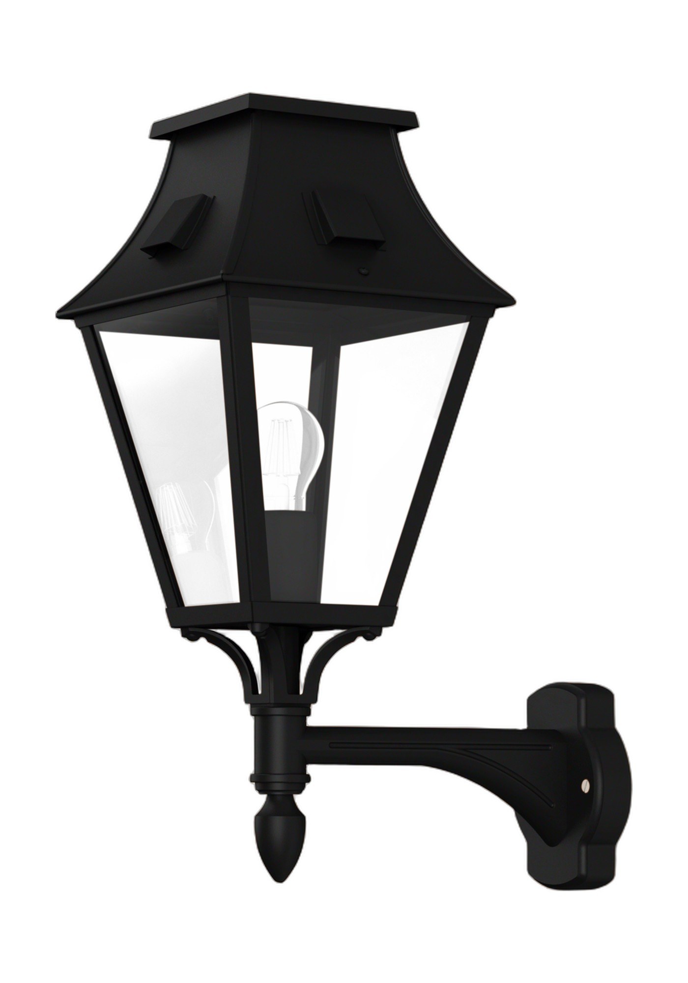 Applique lanterne Vieille France en aluminium par Roger Pradier applique Vieille France version montante en aluminium noir foncé, rendu sur fond blanc