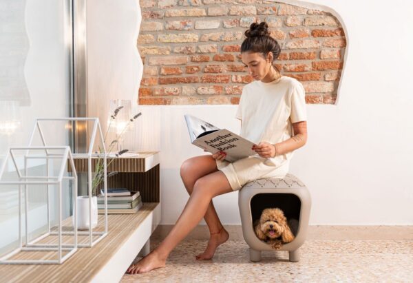banc niche Pancuccia Dove Grey avec un chien dans la niche
