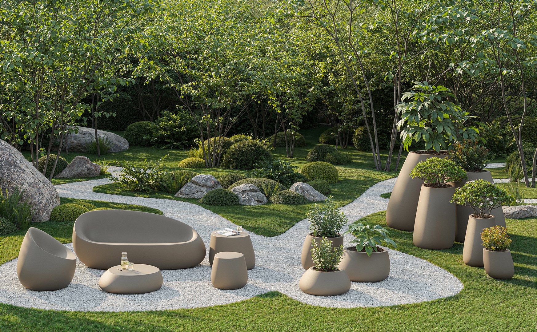 Banc Stone en polyéthylène au design contemporain par Stefano Giovannoni & Elisa Gargan x Vondom banc Stone Vondom en situation, photo d'ambiance
