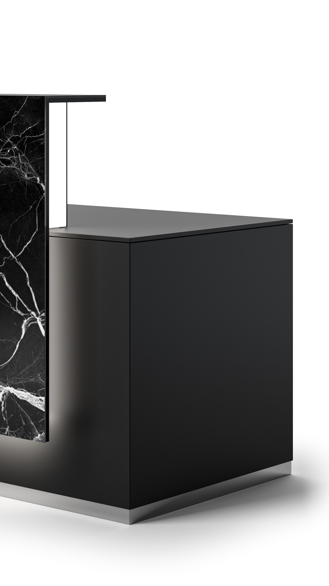 Banque d'accueil Lux par Bralco, 11 longueurs de 140 à 400 cm banque d'accueil Lux Bralco, détail de l'angle en mélaminé noir sur socle aluminium