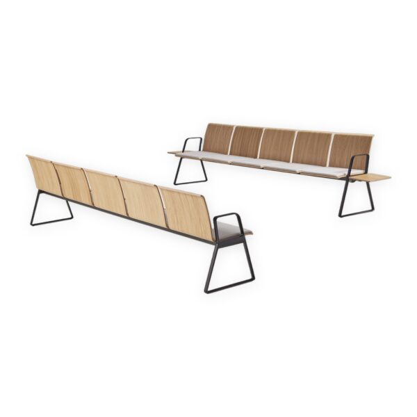 banquette lounge aluminium Inclass Lin Wood, banquette et fauteuil à coque en chêne sur fond blanc