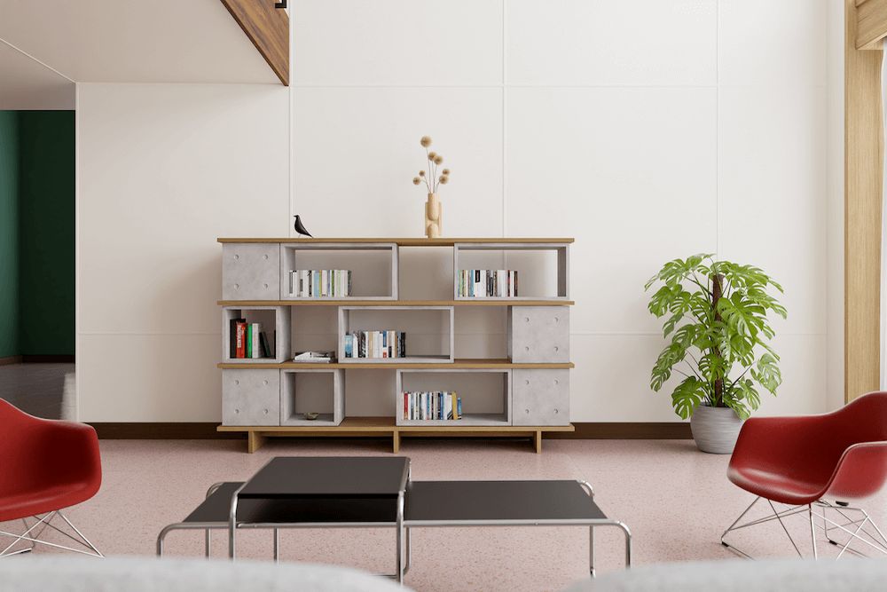 Bibliothèque ouverte : laquelle choisir pour votre mur ? Bibliothèque ouverte Dice de Lyon Béton en béton et chêne dans un salon avec fauteuils rouges