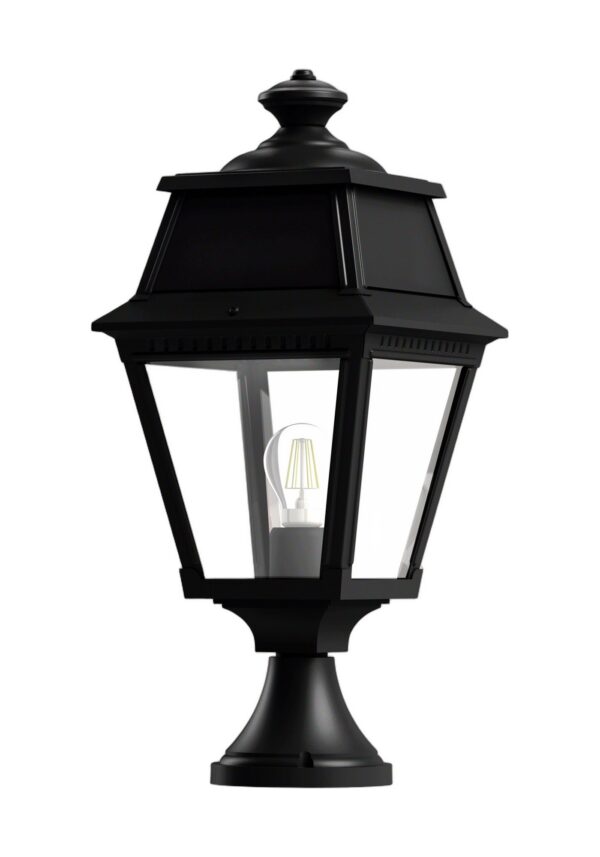 borne Avenue 2 version basse en aluminium noir foncé avec verre clair, rendu sur fond blanc