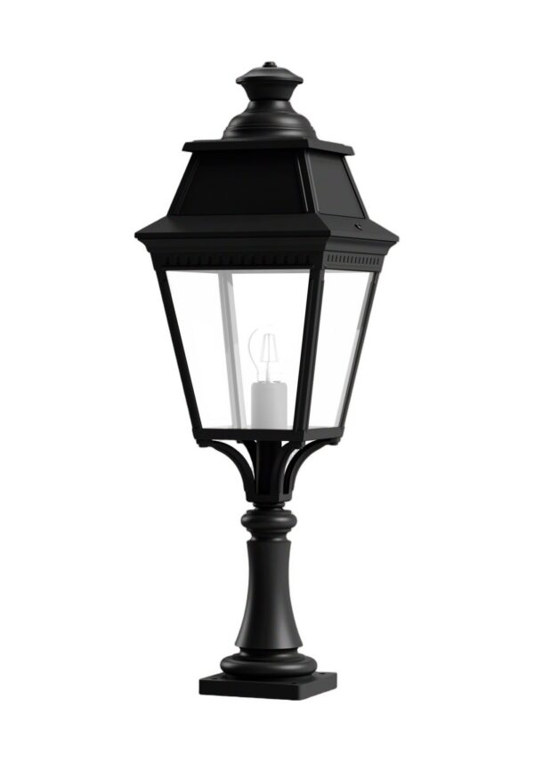 borne Avenue 3 version basse en aluminium noir foncé avec verre clair, rendu sur fond blanc