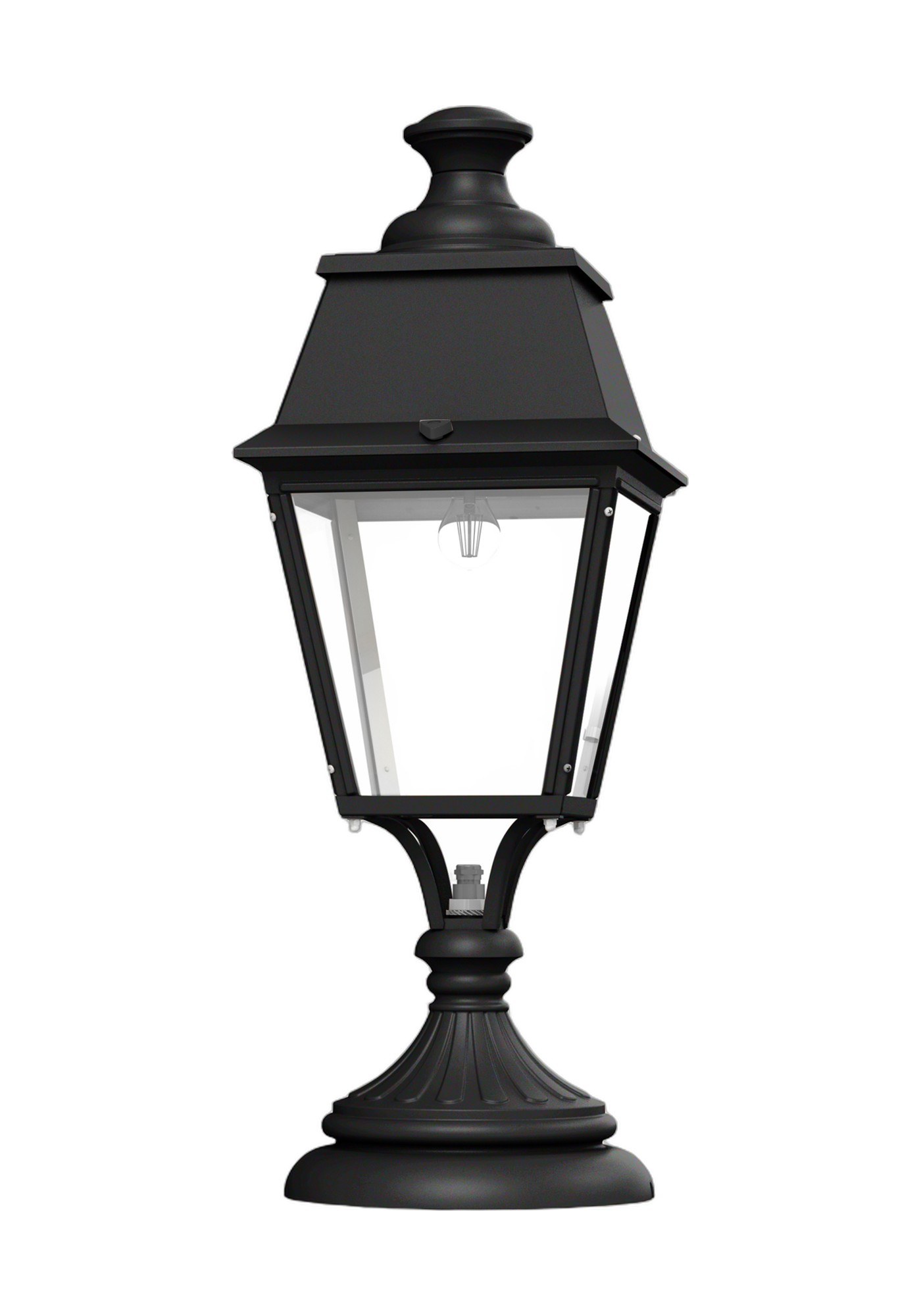 Borne Avenue 4 par Roger Pradier, très grande lanterne à poser alu borne Avenue 4 en aluminium noir foncé avec diffuseur clair, rendu sur fond blanc