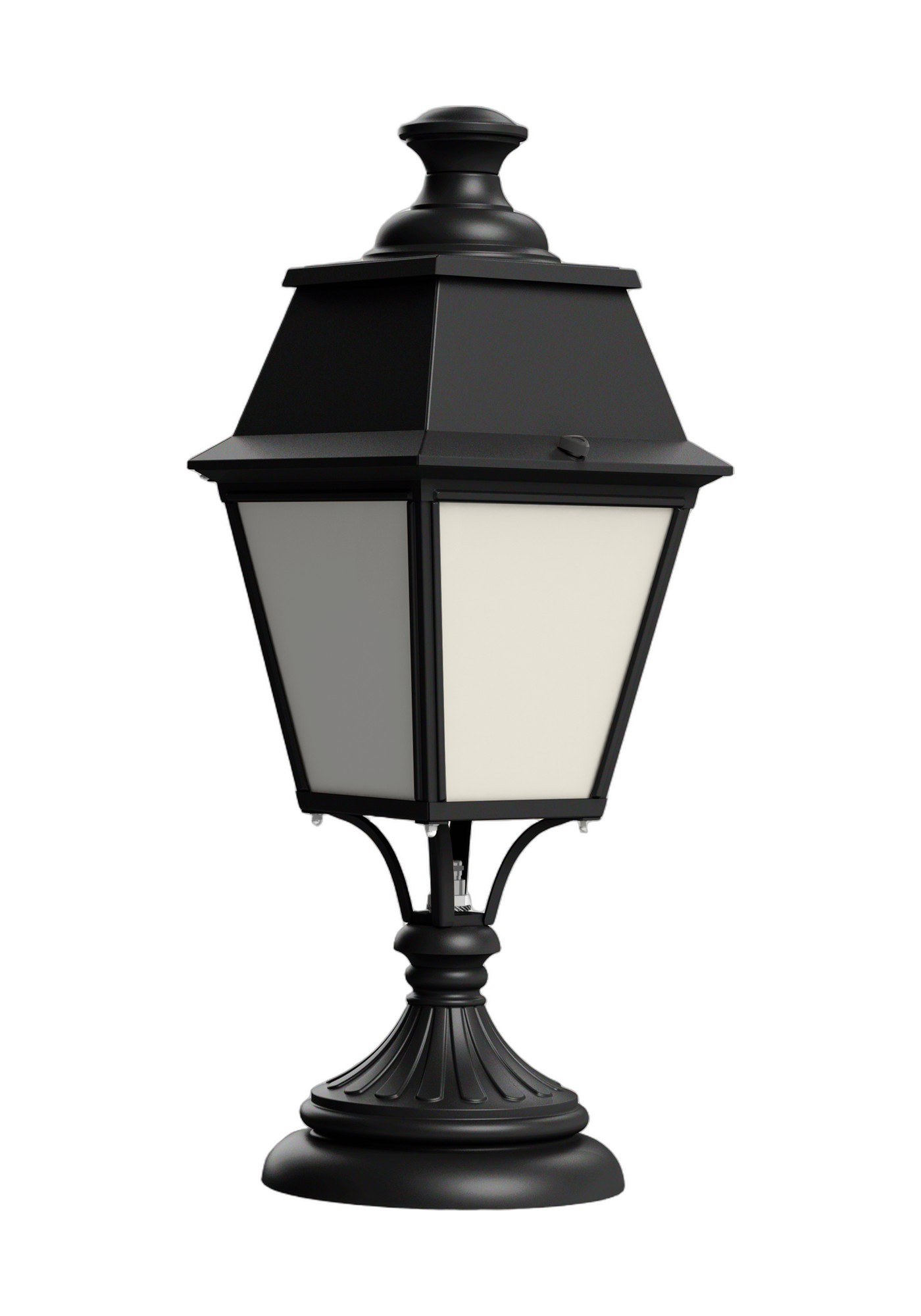 Borne Avenue 4 par Roger Pradier, très grande lanterne à poser alu borne Avenue 4 en aluminium noir foncé avec diffuseur opale, rendu sur fond blanc