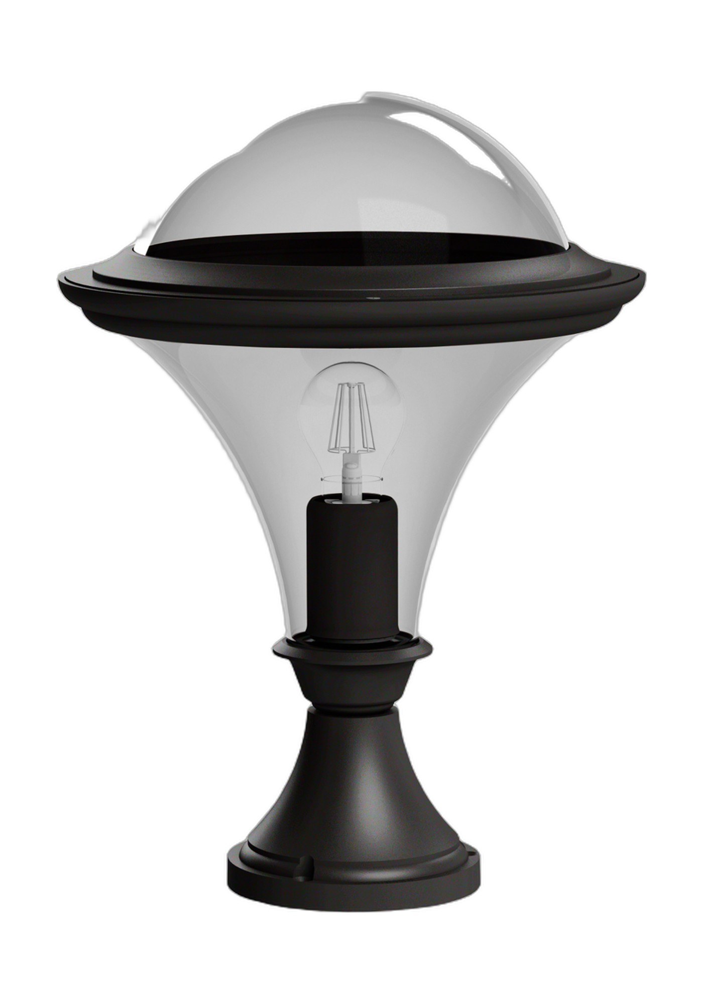 Borne basse Dallas en aluminium, 2 hauteurs, par Roger Pradier borne basse Dallas borne de 438 mm en aluminium noir foncé avec vasque fumée, rendu sur fond blanc