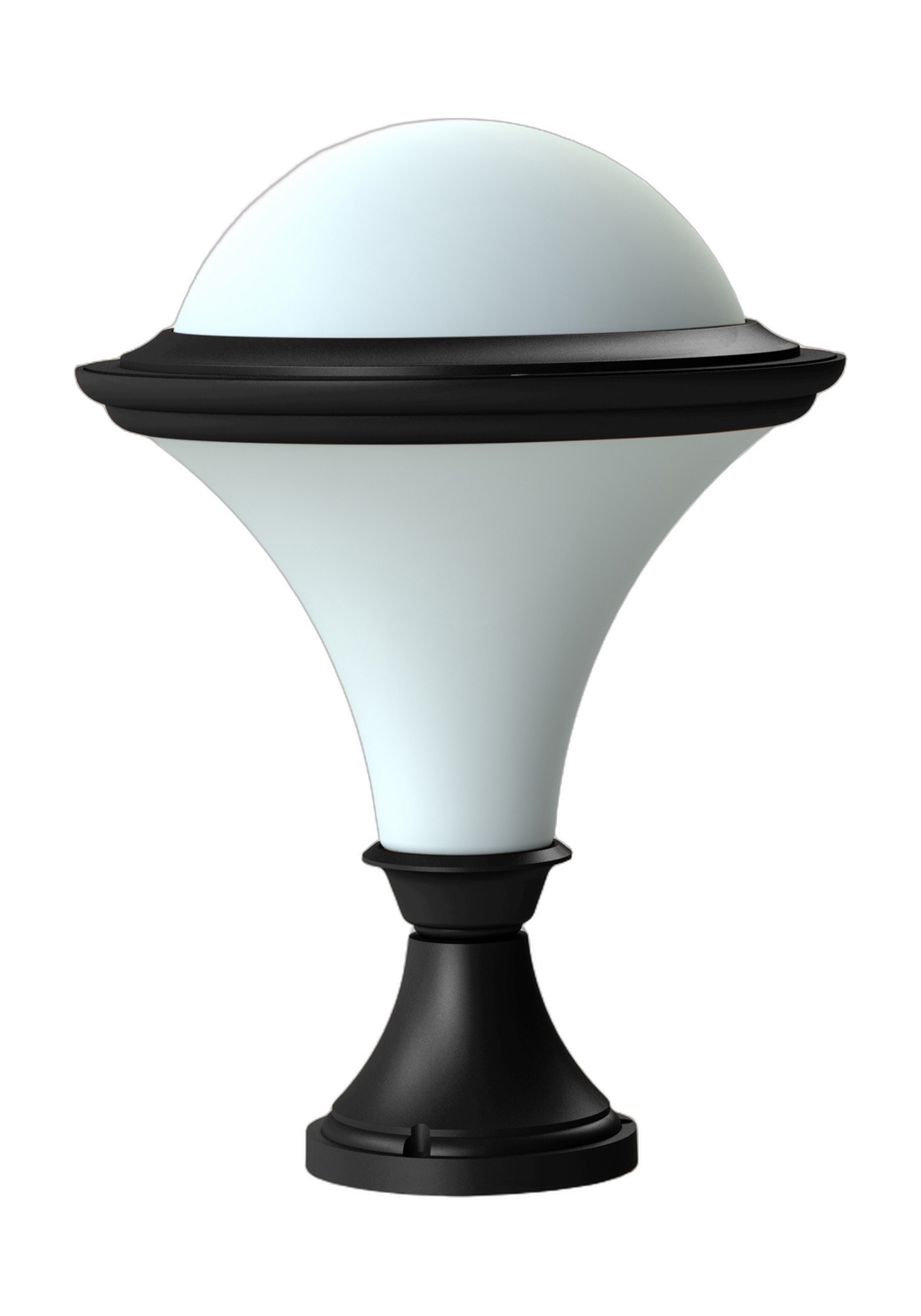 Borne basse Dallas en aluminium, 2 hauteurs, par Roger Pradier borne basse Dallas borne de 438 mm en aluminium noir foncé avec vasque opale, rendu sur fond blanc