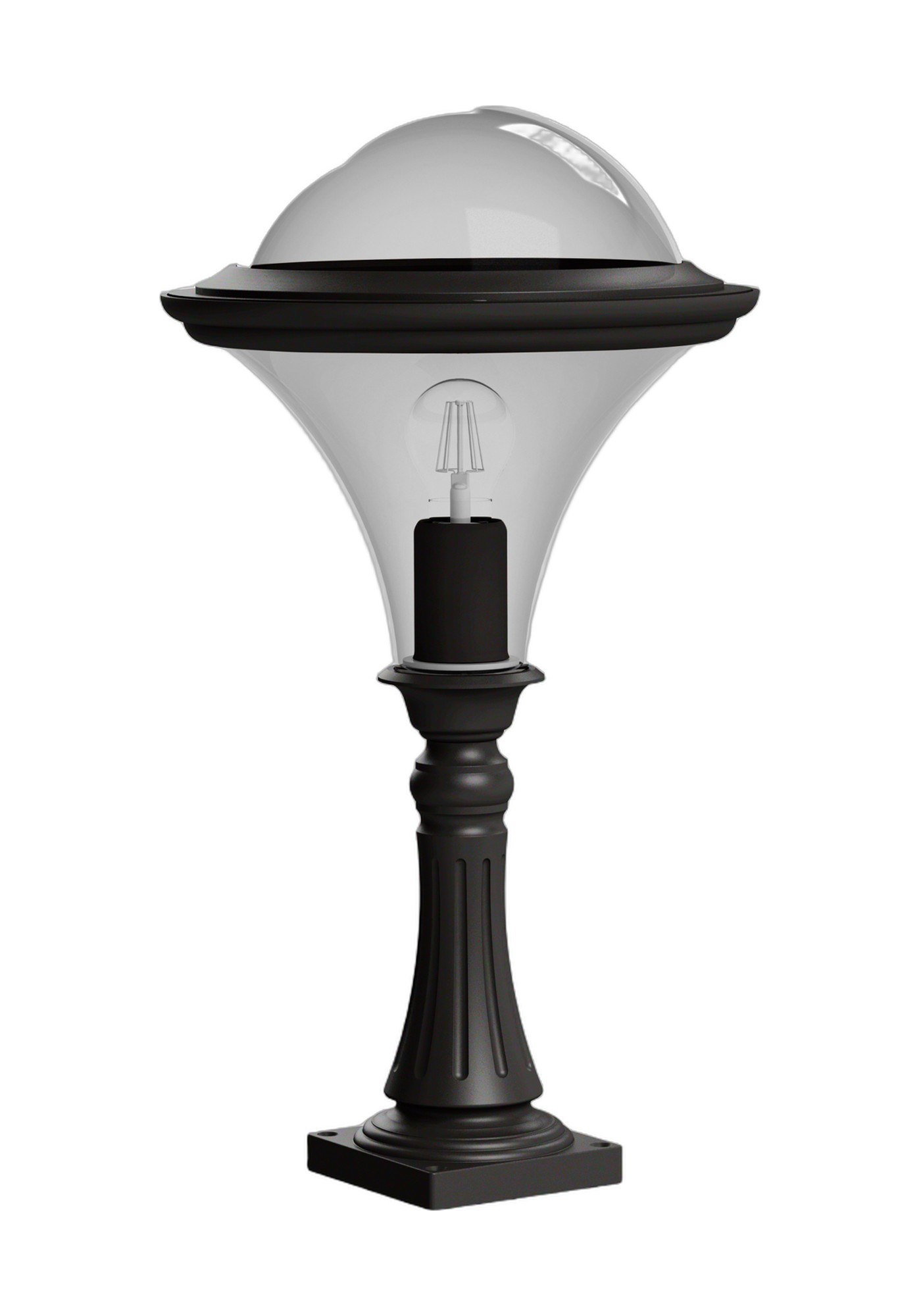 Borne basse Dallas en aluminium, 2 hauteurs, par Roger Pradier borne basse Dallas borne de 581 mm en aluminium noir foncé avec vasque fumée, rendu sur fond blanc