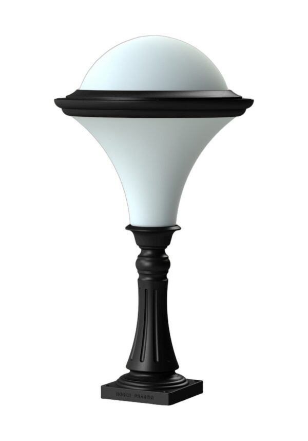 borne basse Dallas borne de 581 mm en aluminium noir foncé avec vasque opale, rendu sur fond blanc