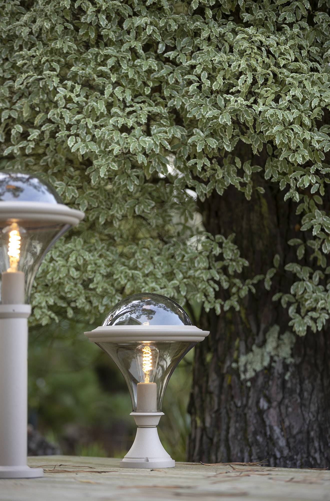 Borne basse Dallas en aluminium, 2 hauteurs, par Roger Pradier borne basse Dallas bornes teinte grès avec vasque fumée sur une terrasse en bois devant un arbre