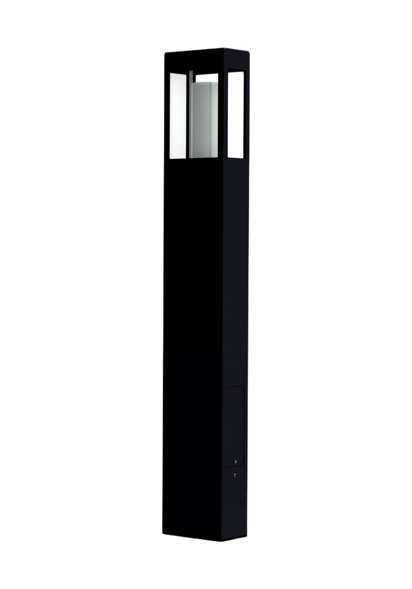 Borne Brick² en aluminium, 3 hauteurs, prises en option, Roger Pradier borne Brick² de 1100 mm en aluminium noir velours avec verre satiné, rendu sur fond blanc