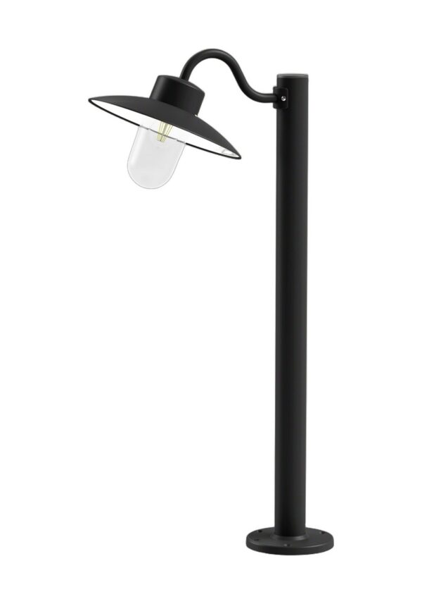borne extérieure Belcour en aluminium noir foncé avec verre clair, rendu sur fond blanc
