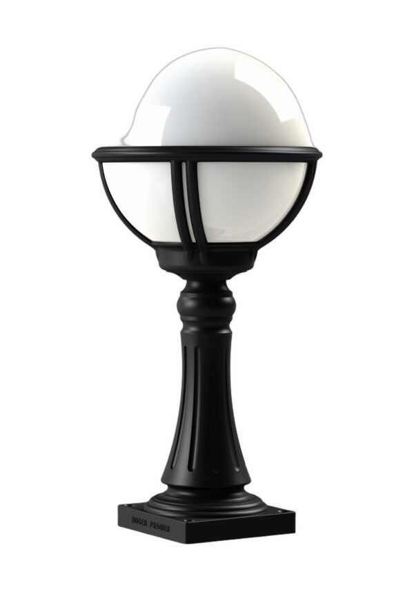 borne extérieure Boréal N° 7 en aluminium noir foncé avec globe opale, rendu sur fond blanc