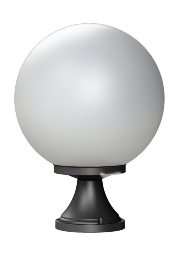 borne Moon globe 300 mm N° 6 sur embase en aluminium noir foncé avec globe opale, rendu sur fond blanc