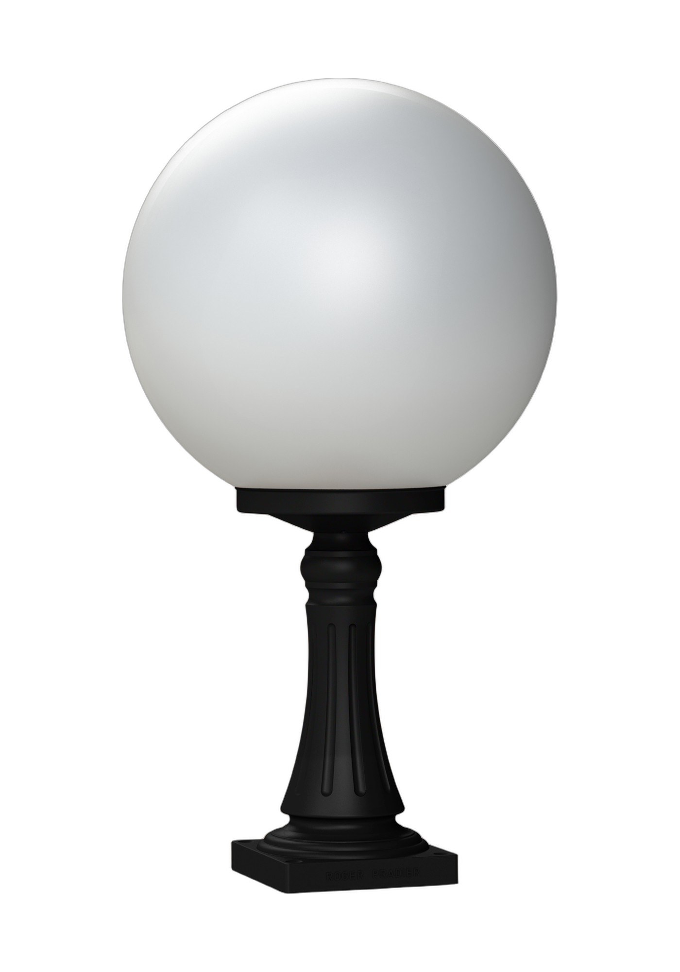Borne Moon globe 300 mm en aluminium par Roger Pradier borne Moon globe 300 mm N° 7 sur pied en aluminium noir foncé avec globe opale, rendu sur fond blanc