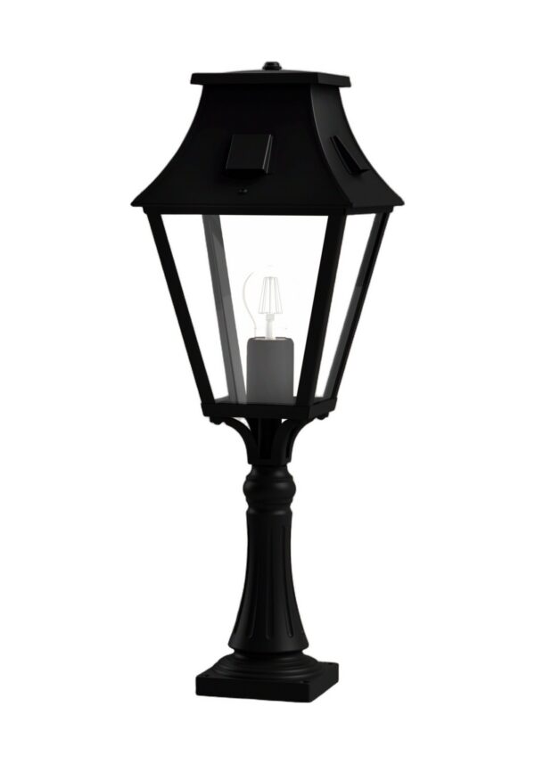 borne Vieille France en aluminium noir foncé avec verre clair, rendu sur fond blanc