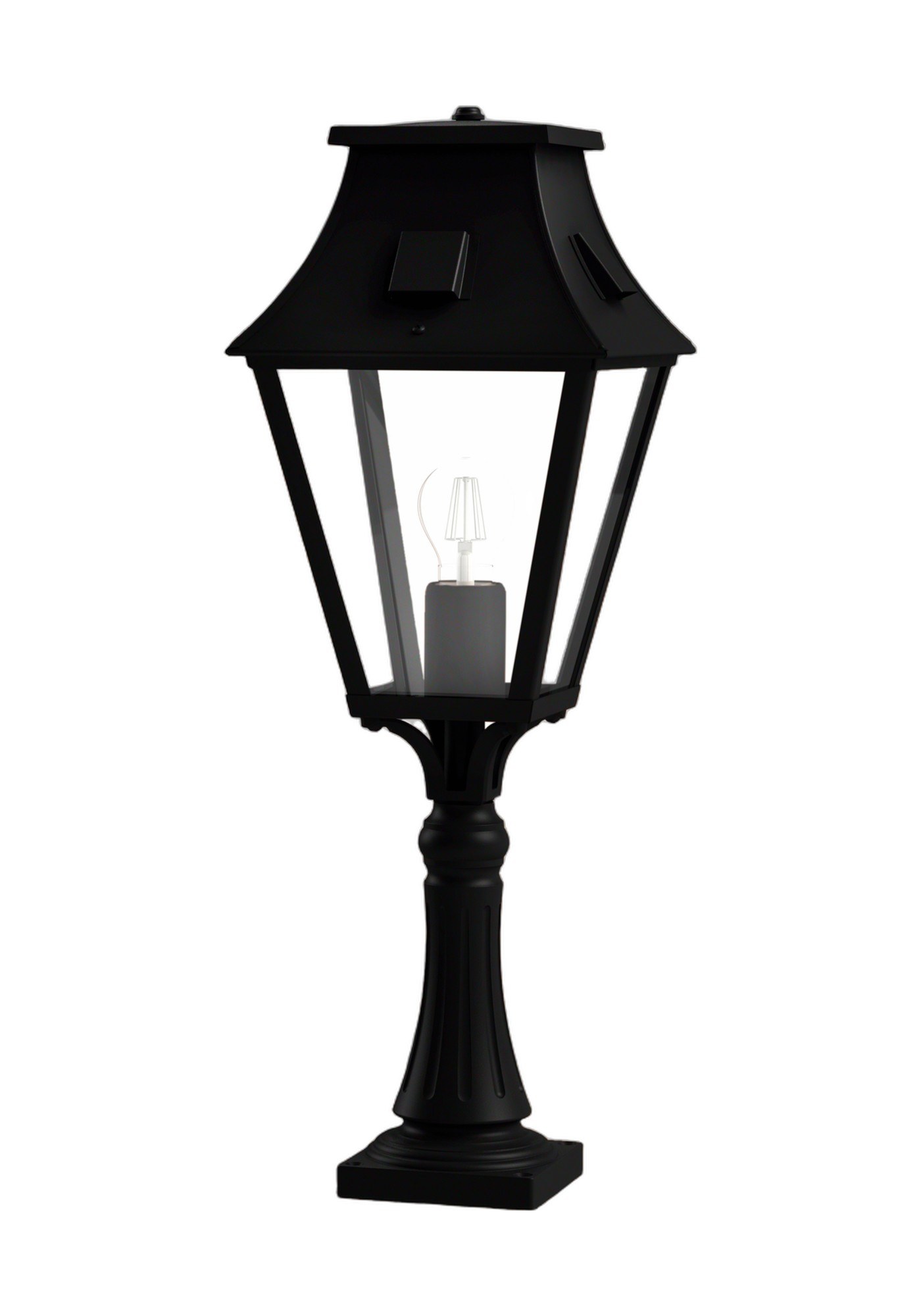 Borne lanterne Vieille France en aluminium par Roger Pradier borne Vieille France en aluminium noir foncé avec verre clair, rendu sur fond blanc
