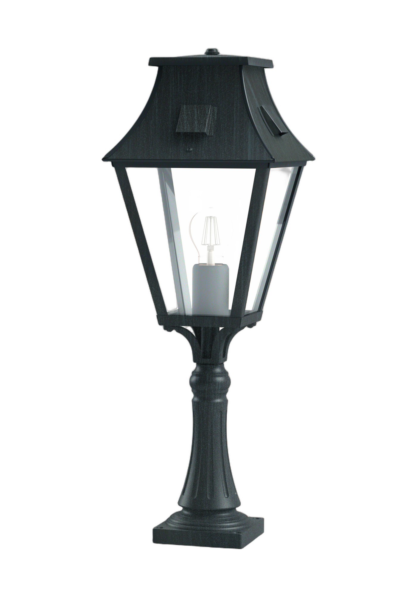 Borne lanterne Vieille France en aluminium par Roger Pradier borne Vieille France en aluminium patine vert de gris, rendu sur fond blanc