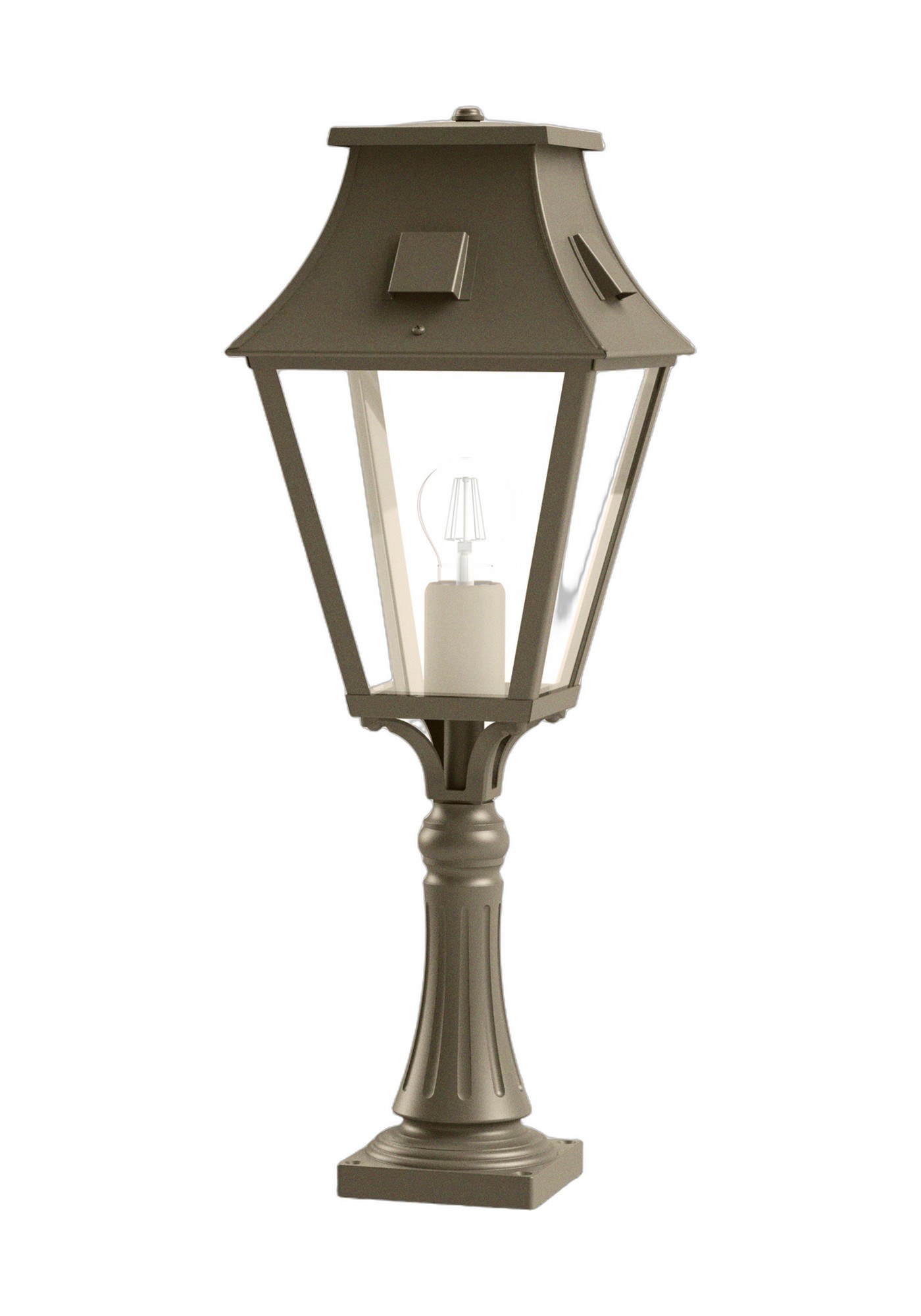 Borne lanterne Vieille France en aluminium par Roger Pradier borne Vieille France en aluminium teinte grès, rendu sur fond blanc