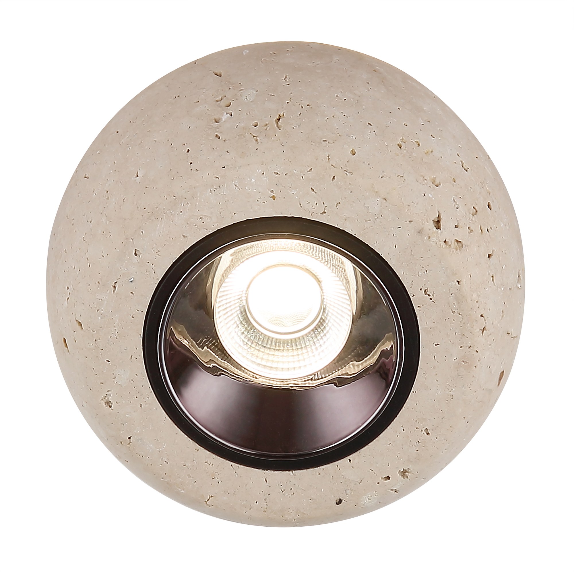 Lustre travertin LED, suspension boule 1 ou 5 lumières lustre travertin LED, gros plan sur la boule en pierre naturelle allumée