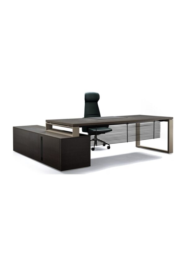 bureau de direction Arche Bralco en chêne foncé avec meuble de service et voile de fond en lamelles, fond blanc