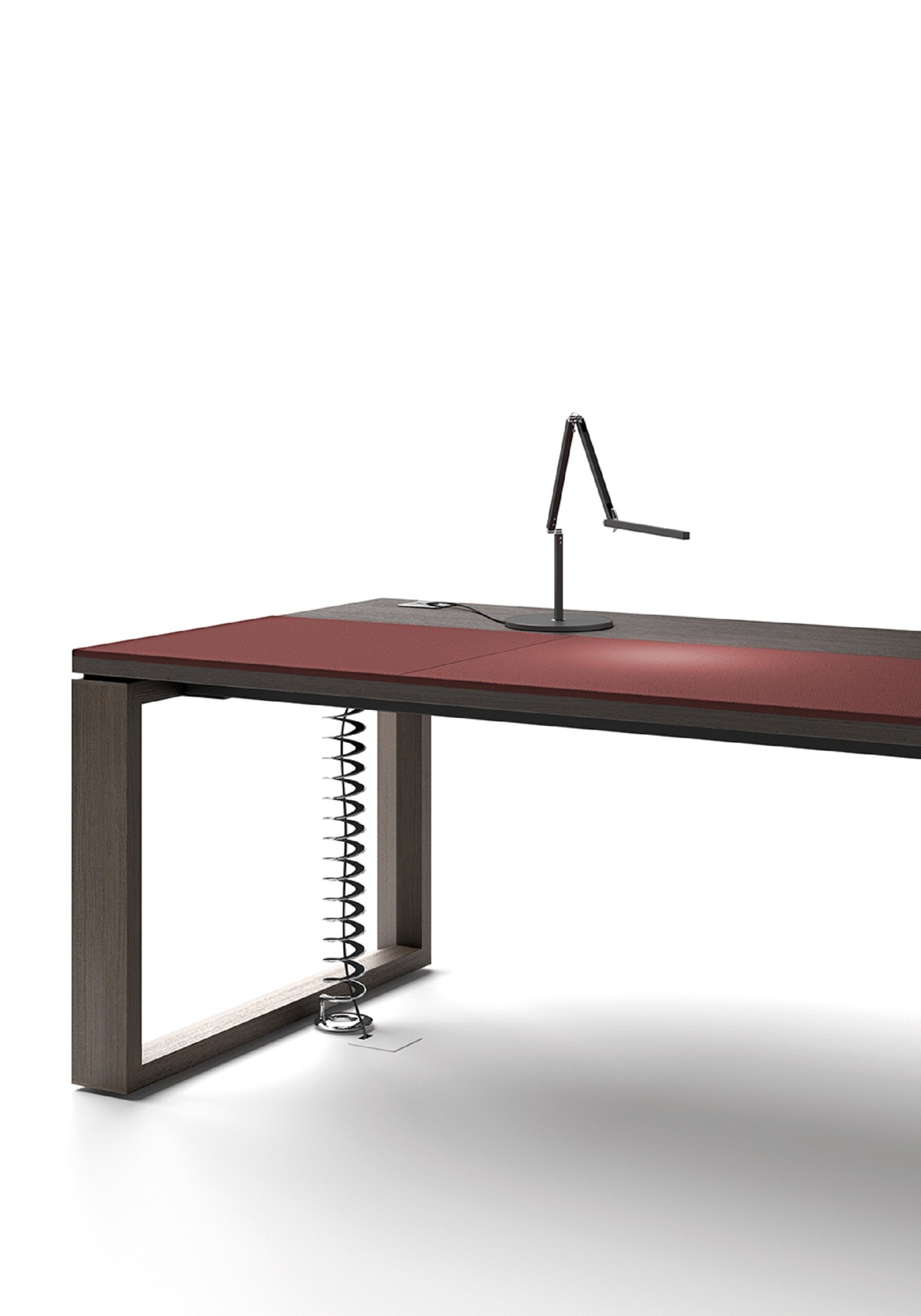 Bureau de direction Arche par Bralco, plateau chêne ou verre bureau de direction Arche Bralco, détail du plateau avec insert en cuir rouge et du piétement en portique
