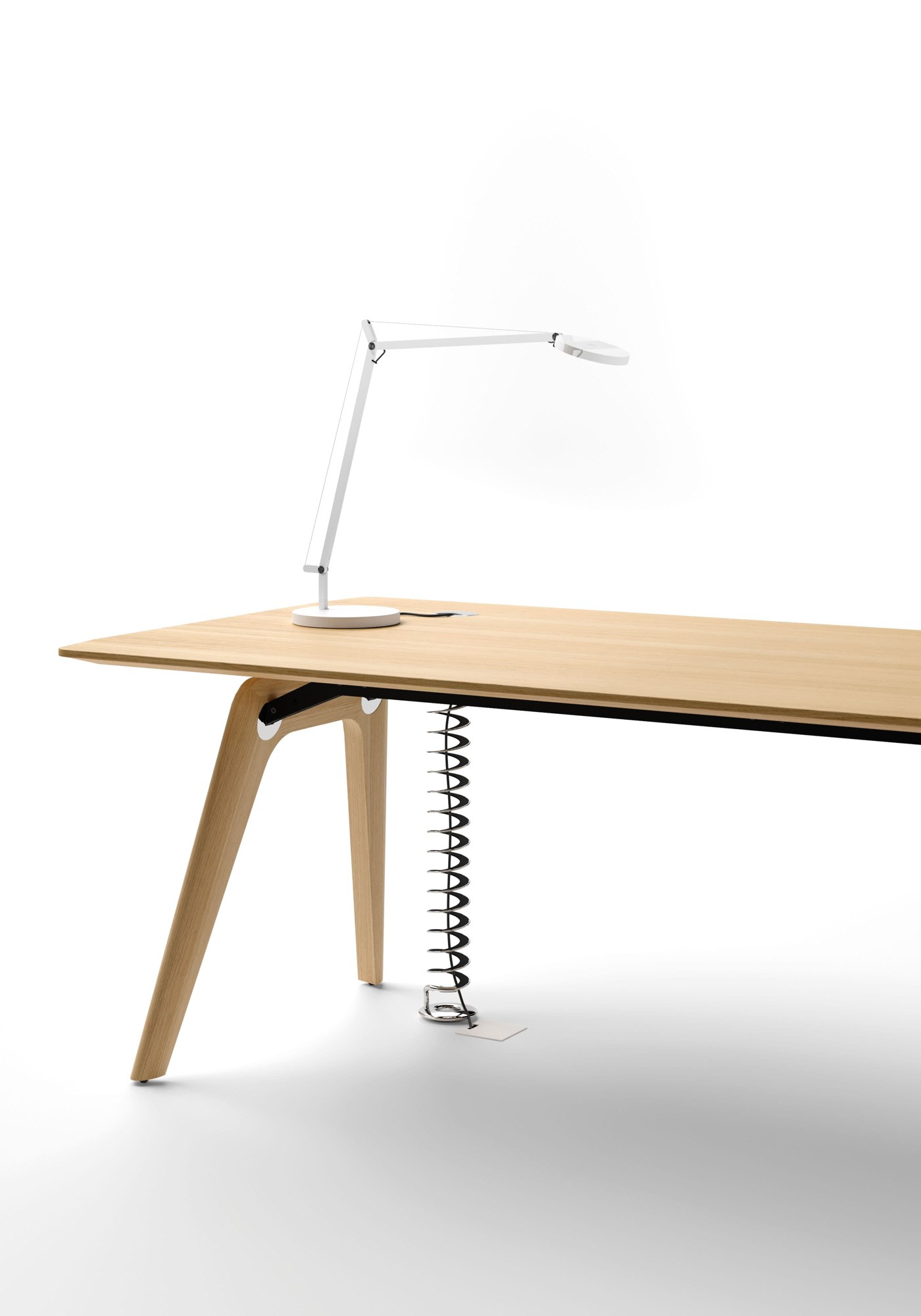 Bureau de direction Rail par Bralco, bois ou verre, 4 tailles bureau de direction Rail Bralco, détail du plateau en chêne et du piétement en chevalet