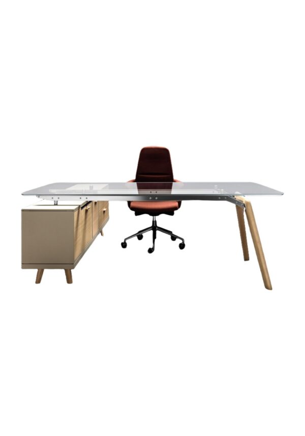 bureau de direction Rail Bralco à plateau en verre, chevalets en chêne et meuble de service, fond blanc