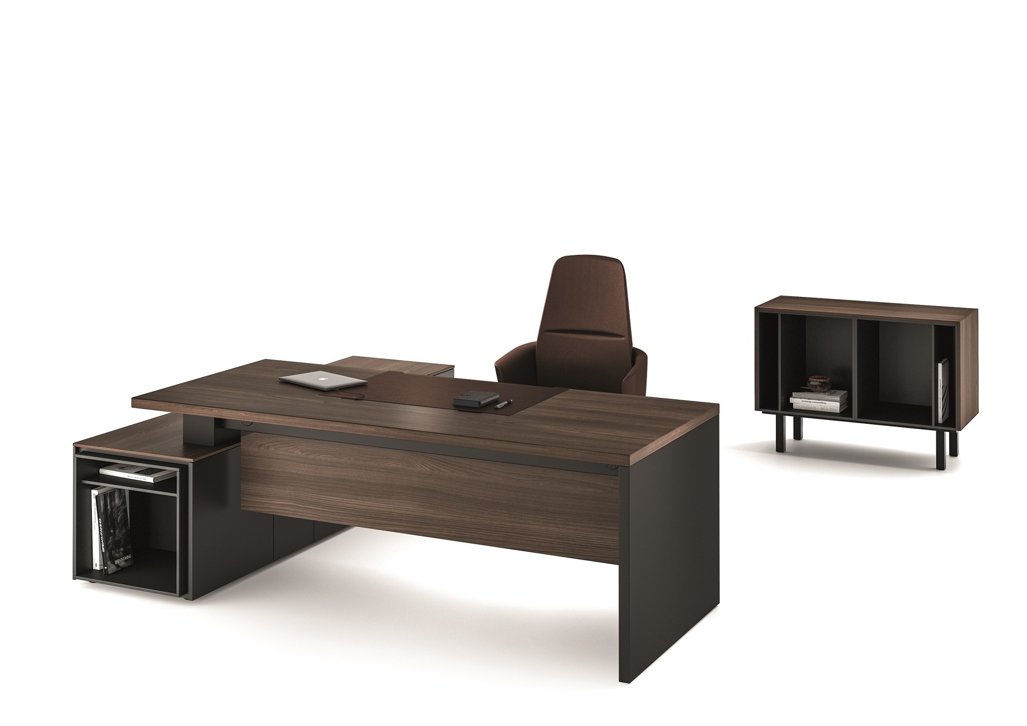 Bureau de direction Sile par Bralco, côtés pleins ou 4 pieds bureau de direction Sile Bralco en noyer et noir avec meuble de service et fauteuil