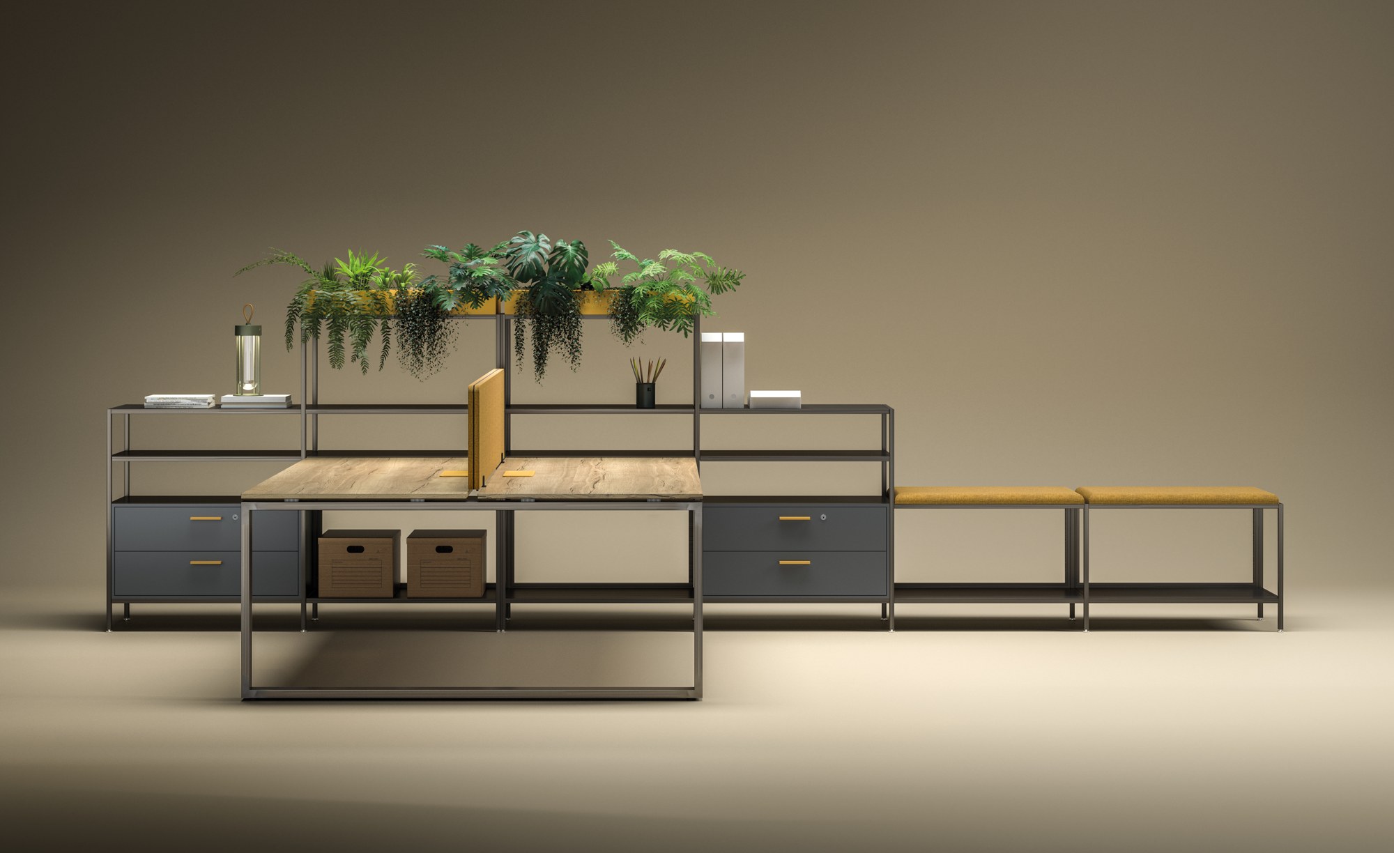 Bureau Loopy par Bralco, piètement en cadre fermé, 140 à 200 cm bureaux Loopy Bralco en bench, plateau décor bois, avec rangements et banquettes