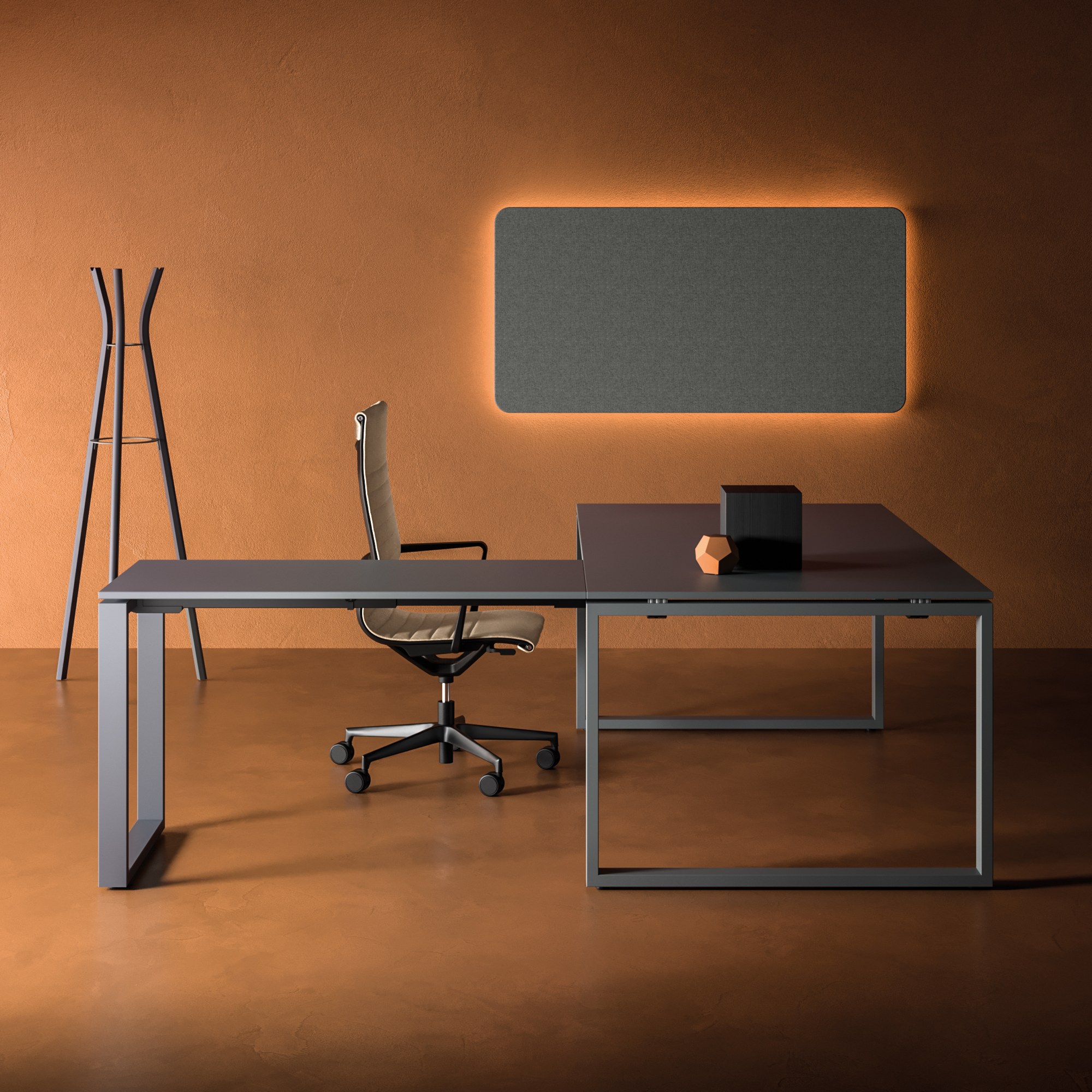 Bureau Loopy par Bralco, piètement en cadre fermé, 140 à 200 cm bureau Loopy Bralco en L, plateaux gris anthracite sur piètements en cadre fermé