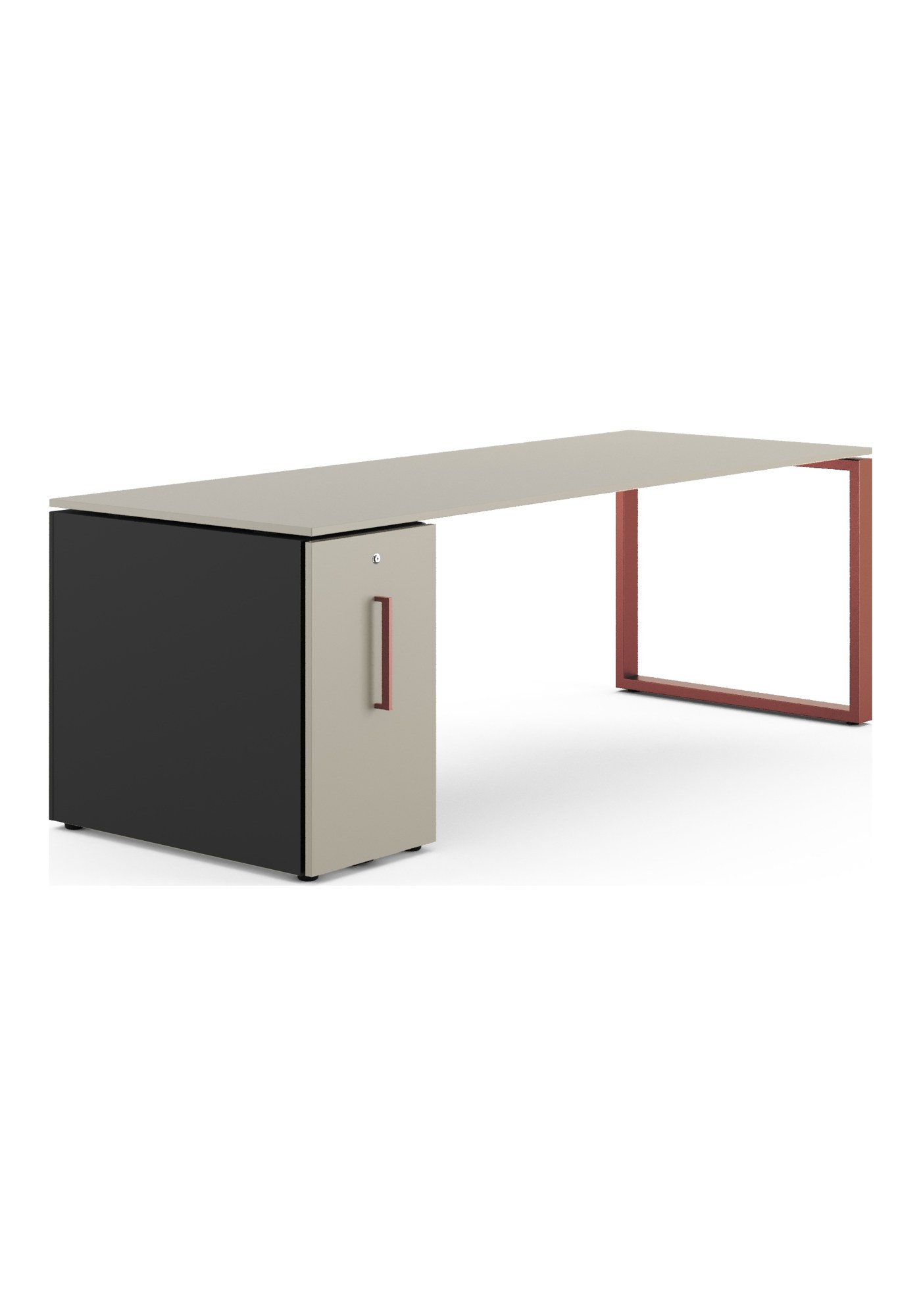 Bureau Loopy par Bralco, piètement en cadre fermé, 140 à 200 cm bureau Loopy Bralco, plateau taupe sur piètement en cadre fermé bordeaux avec caisson, fond blanc