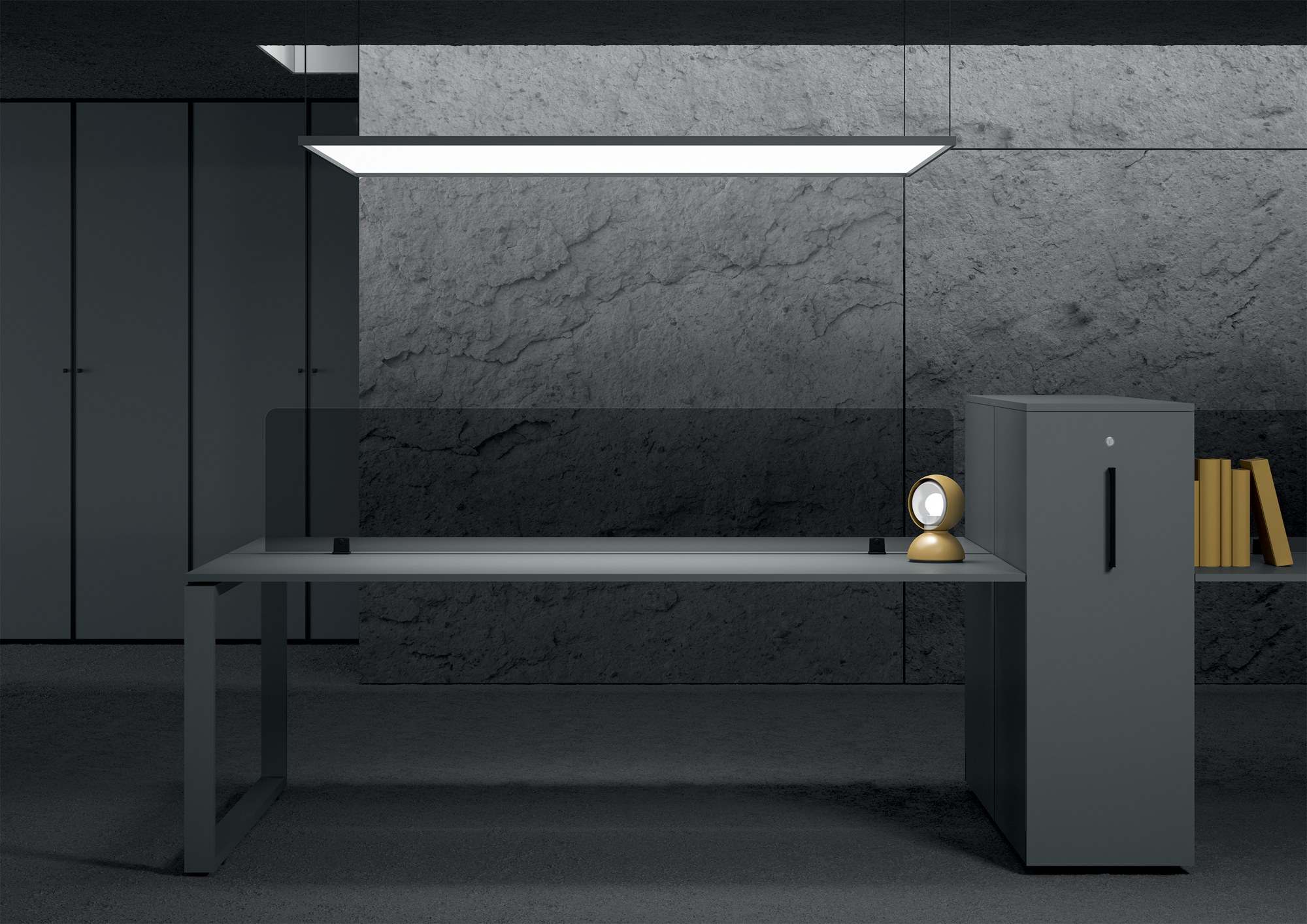 Bureau Loopy par Bralco, piètement en cadre fermé, 140 à 200 cm bureau Loopy Bralco gris anthracite avec écran en verre et caisson haut