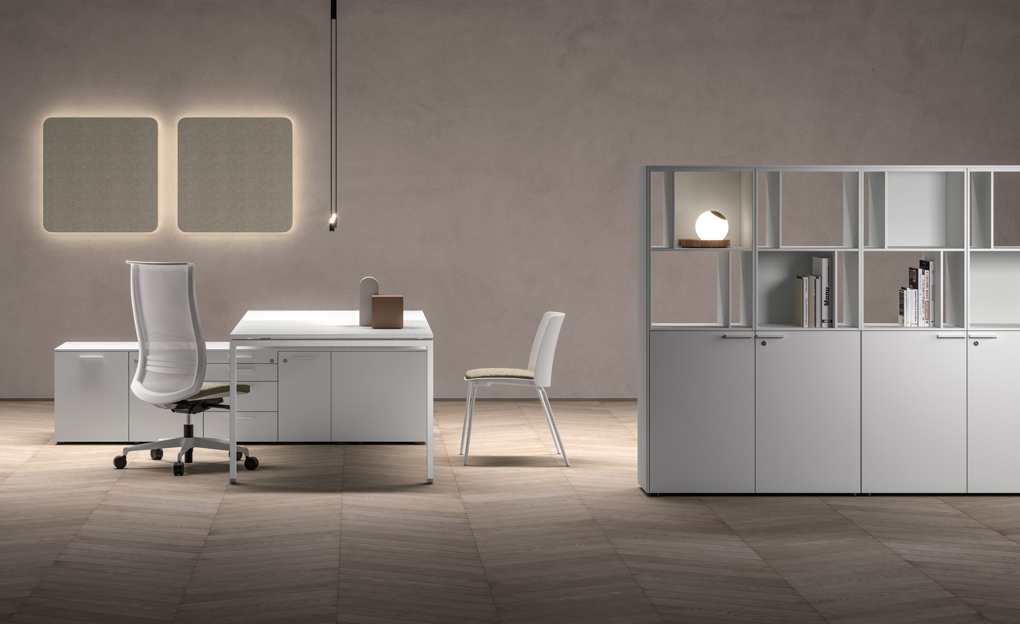 Bureau opérationnel Glider par Bralco, pieds droits, 140 à 200 cm bureau opérationnel Glider Bralco blanc avec meuble de service et fauteuil dans un bureau