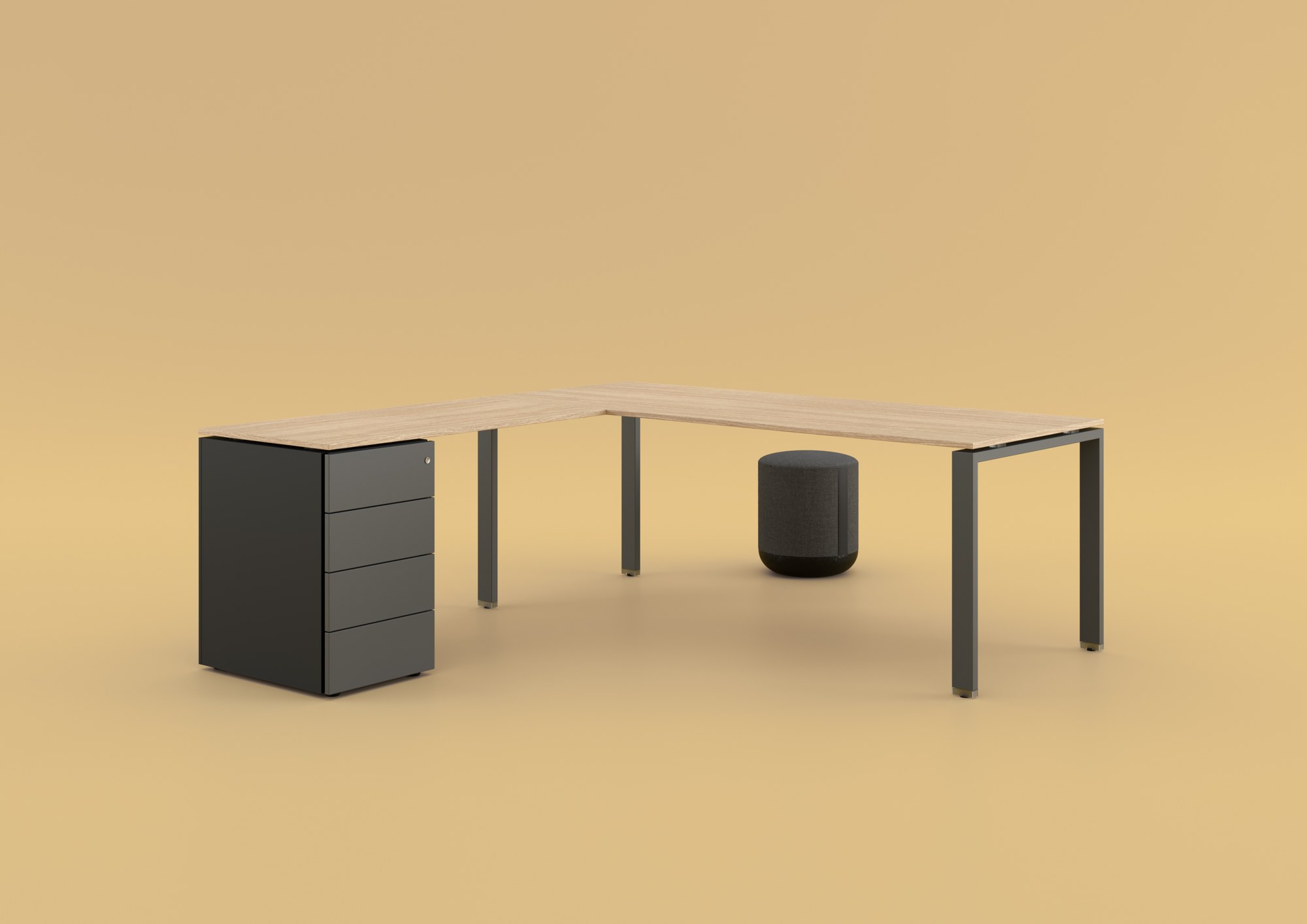 Bureau opérationnel Glider par Bralco, pieds droits, 140 à 200 cm bureau opérationnel Glider Bralco en L avec caisson mobile noir et pieds anthracite, rendu 3D