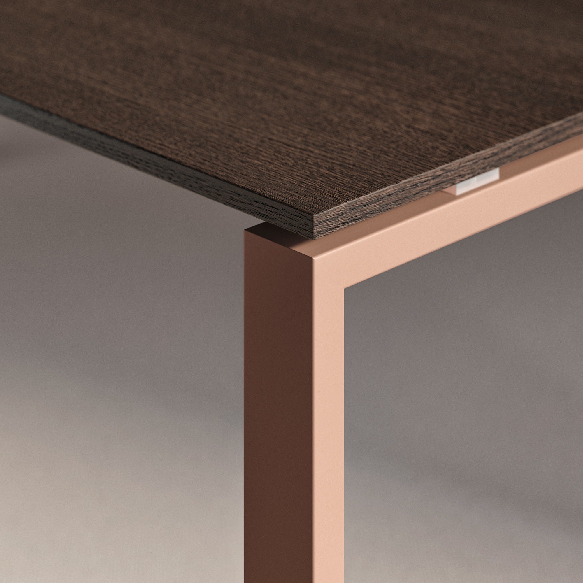 Bureau opérationnel Glider par Bralco, pieds droits, 140 à 200 cm bureau opérationnel Glider Bralco, détail du coin du plateau et du pied rose