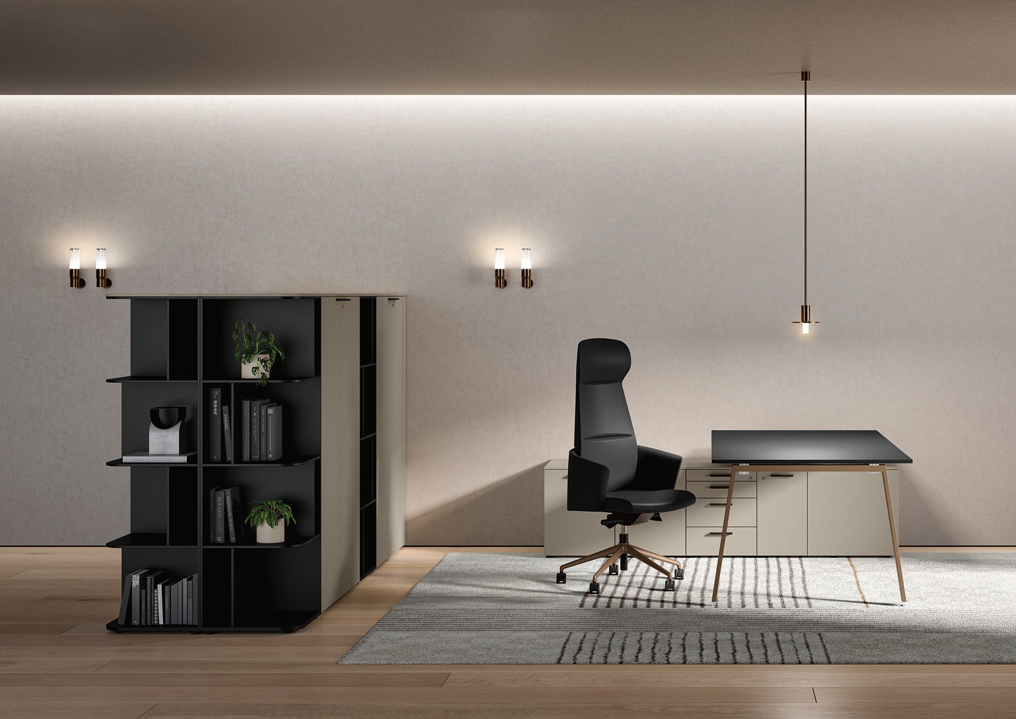 Bureau Take-Off par Bralco, pieds en A, version Evo, 140 à 200 cm bureau Take-Off Bralco, plateau noir sur pieds bronze dans un bureau de direction