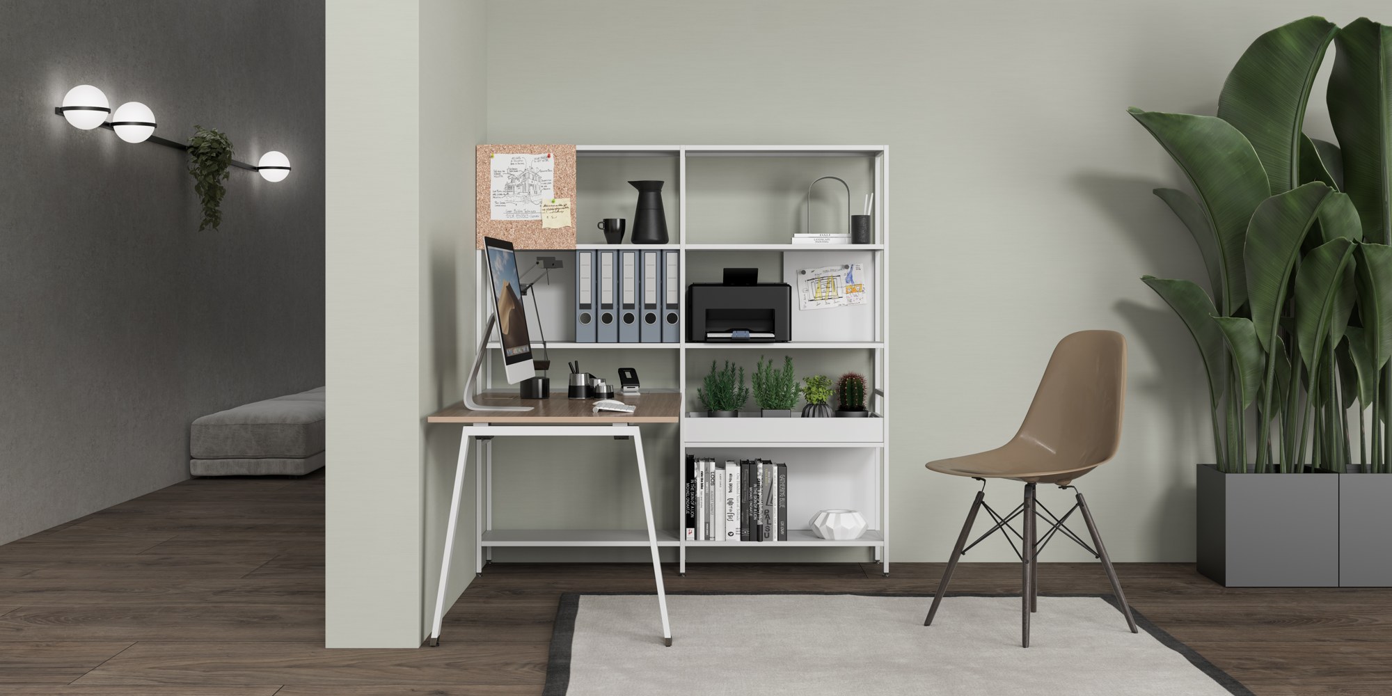 Bureau Take-Off par Bralco, pieds en A, version Evo, 140 à 200 cm bureau Take-Off Bralco blanc en home office devant une étagère