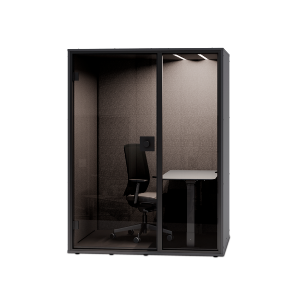 Phone Box ou Cabine Insonorisée : Laquelle Choisir pour son Open Space ? Cabine acoustique avec bureau WORK Berlin Acoustics, dos fermé noir, vue de face